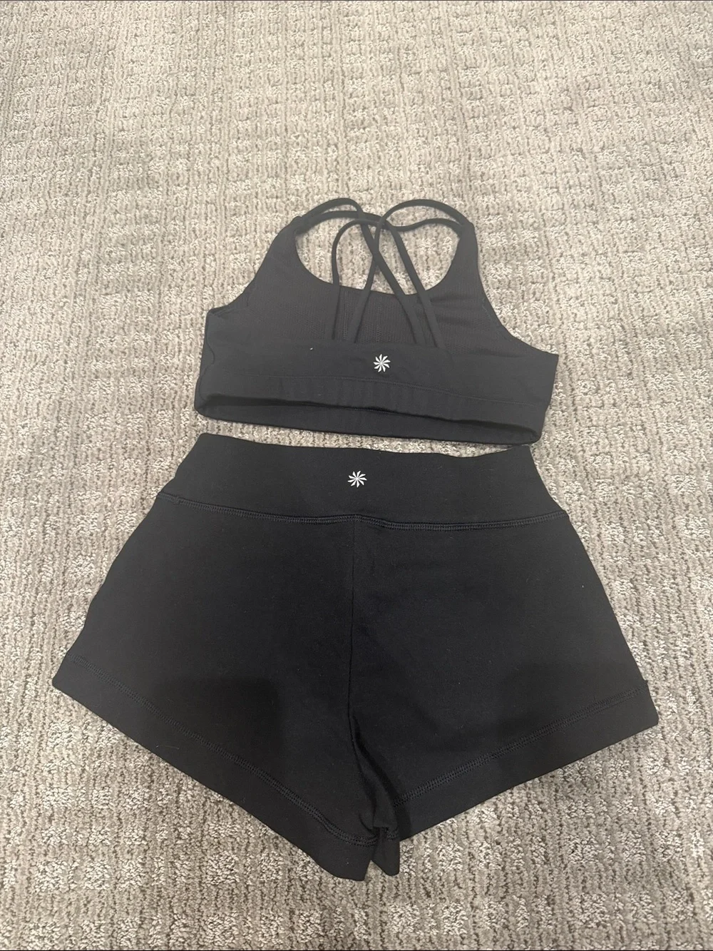 Athleta Black Crisscross Strappy Sports Bra and shorts